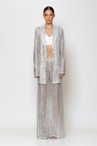 Sequined Mesh Παντελόνι ασημί παγιέτα δίχτυ