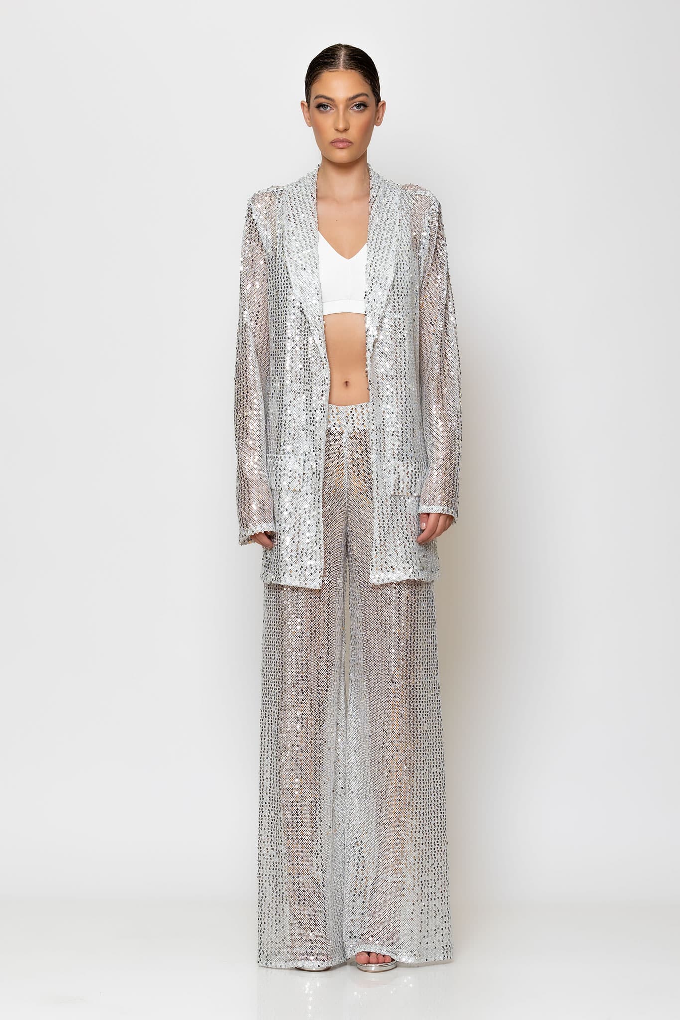 C-THROU-Exclusive-2533003-70.jpg Sequined Mesh Παντελόνι ασημί παγιέτα δίχτυ - Image 1