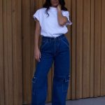 Straight Fit Cargo Τζιν Aaliyah Ψηλόμεσο Σκούρο Μπλε