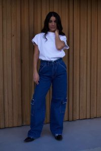 Straight Fit Cargo Τζιν Aaliyah Ψηλόμεσο Σκούρο Μπλε