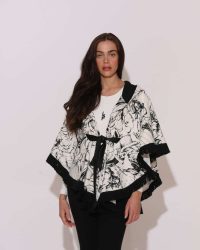 "Kaia" Illustration-print fringed hooded Poncho