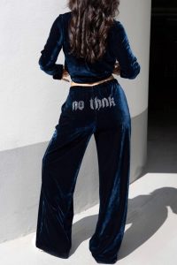 Logo Strass Wide Leg Velvet Παντελόνι Queen Μπλε - Image 2