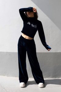 Logo Strass Wide Leg Velvet Παντελόνι Queen Μπλε