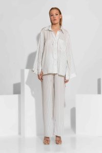 Magnolia Oversized Σατέν Ριγέ Πουκάμισο με Signature Print - Image 2