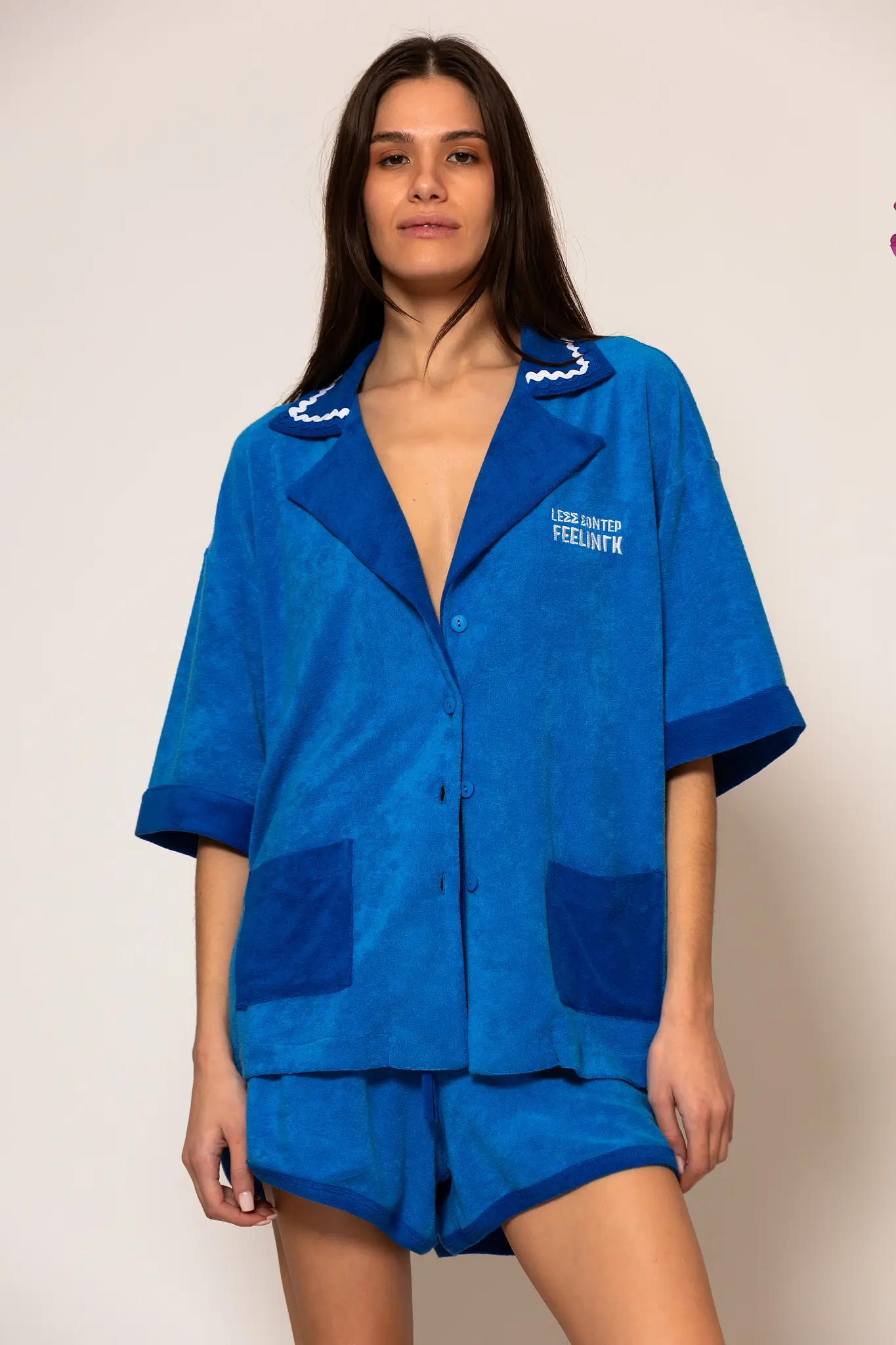 2682001-129-shirt (1) Almyra Μπλε Πετσετέ πουκάμισο με κέντημα logo - Image 1