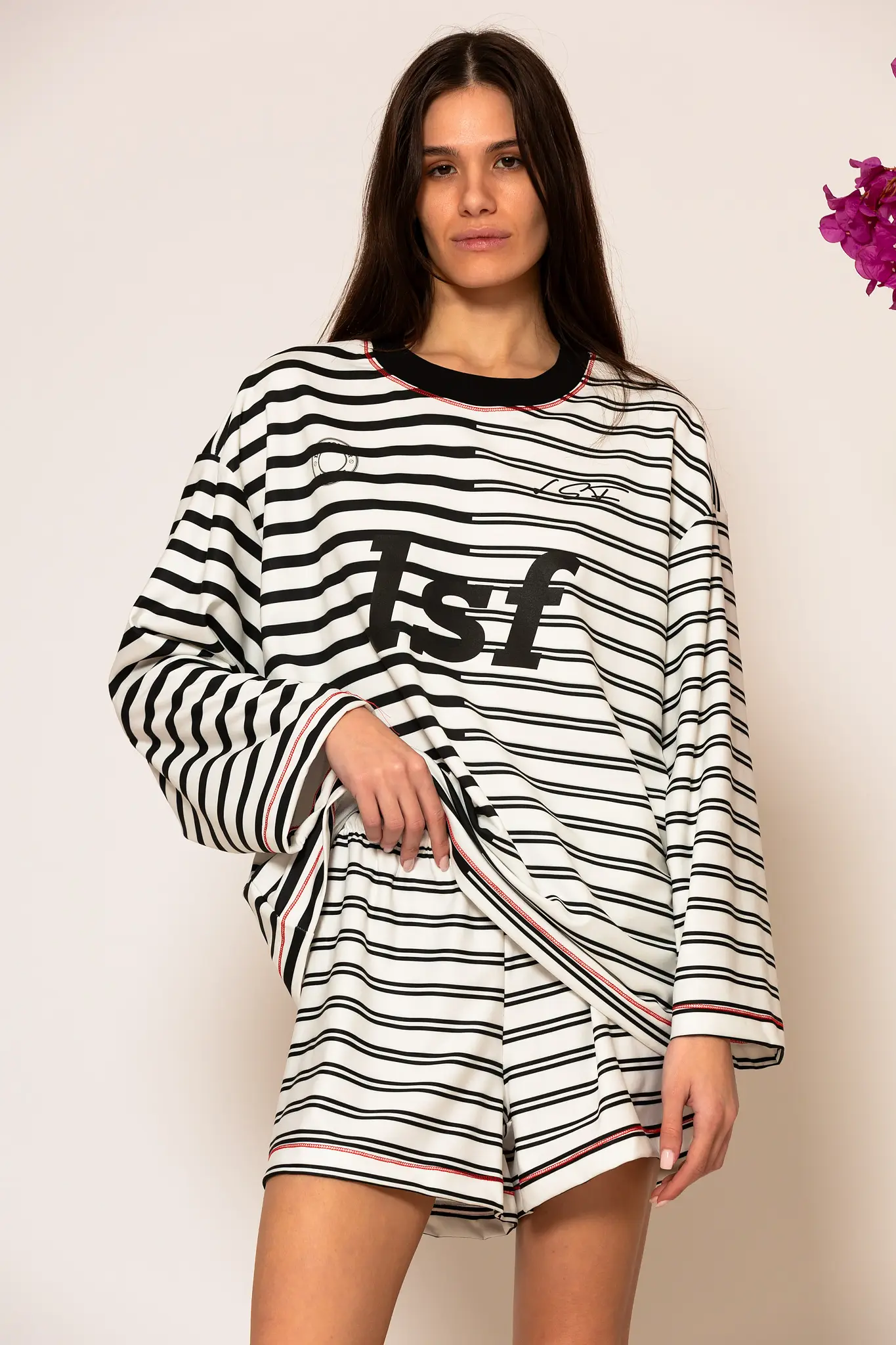 2684001-97-foyter-blouse (1) Marina Ριγέ Μαύρο μπλούζα φούτερ με τύπωμα - Image 1