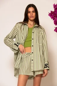 Akti Oversized Πουκάμισο Ρίγα Ποπλίνα με τσέπες και τύπωμα logo